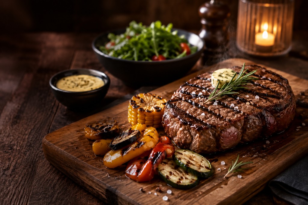 Gegrilltes Steak mit Kräuterbutter und Beilagen – Gasthaus Nordlicht