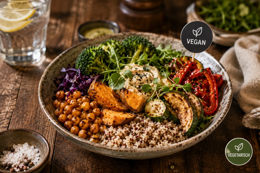 Vegetarische Bowl mit Quinoa, Gemüse und Hummus – Gasthaus Nordlicht